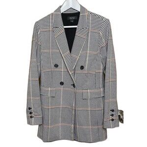 HALOGEN x ATLANTIC-PACIFIC Blazer Glen Plaid Double Breasted Womens S Black